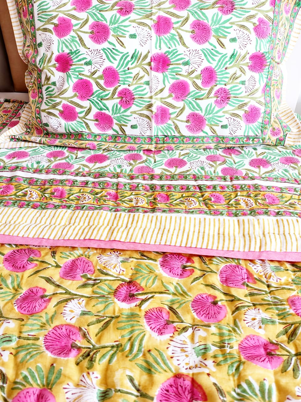 Pink Blossom Block Print Bedsheet & Quilt Set