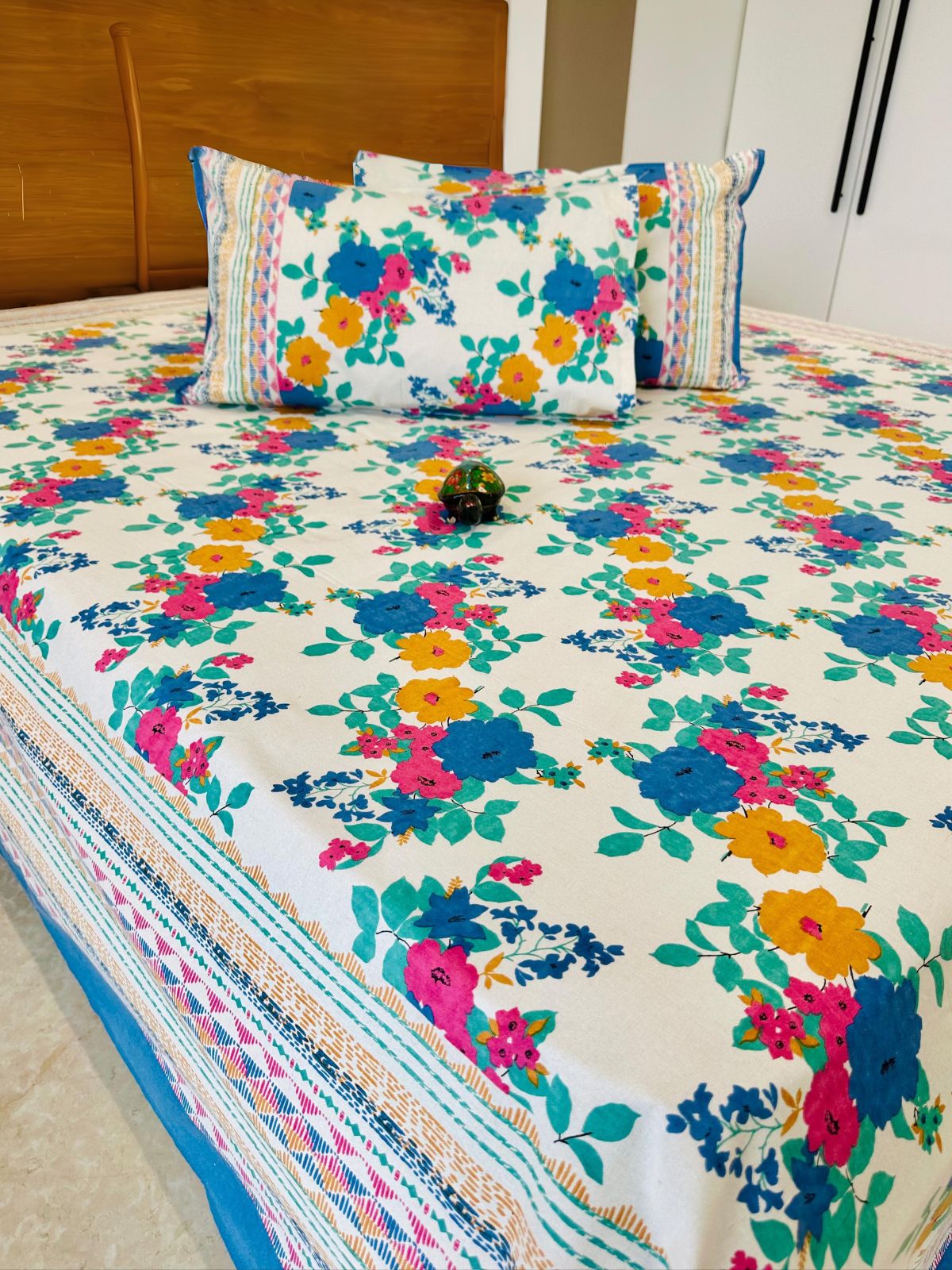 Blue Yellow Floral Traditional Printed Bedsheet with Two Reversible Pillow Covers