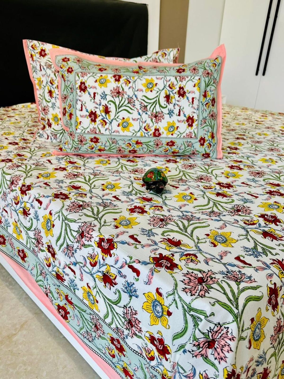 Yellow Marie Traditional Printed Bedsheet with Two Reversible Pillow Covers