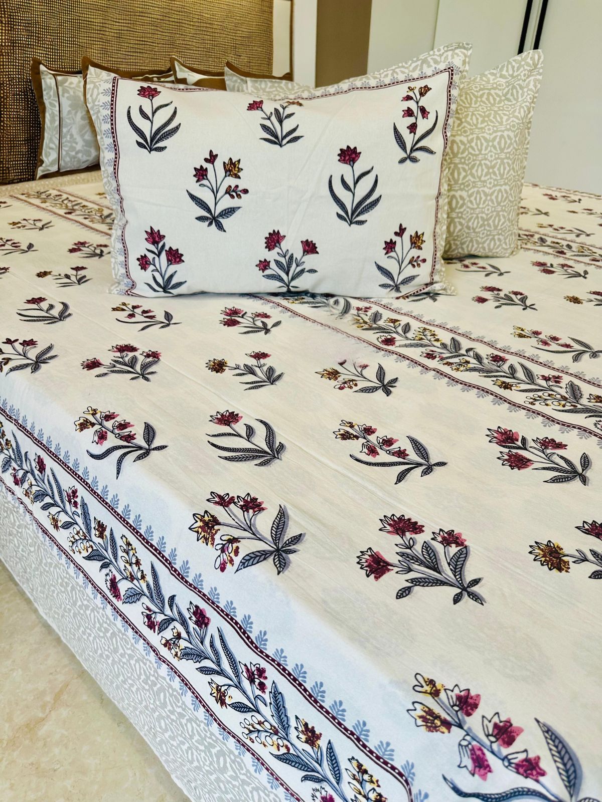 Red Floral Traditional Printed Bedsheet with Two Reversible Pillow Covers