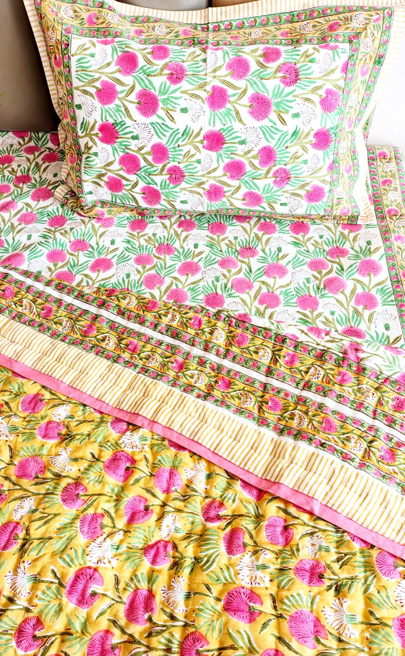 Pink Blossom Block Print Bedsheet & Quilt Set