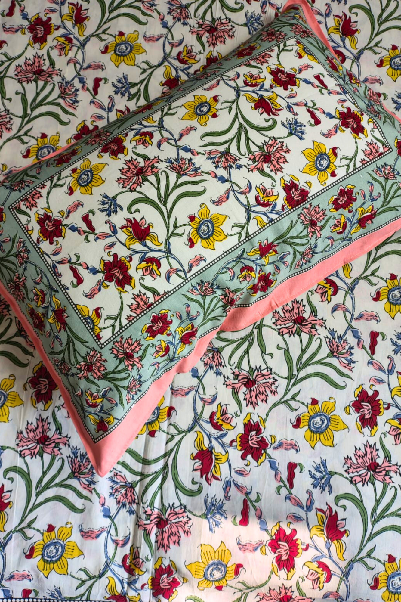 Colorful Floral Traditional Printed Bedsheet with Two Reversible Pillow Covers