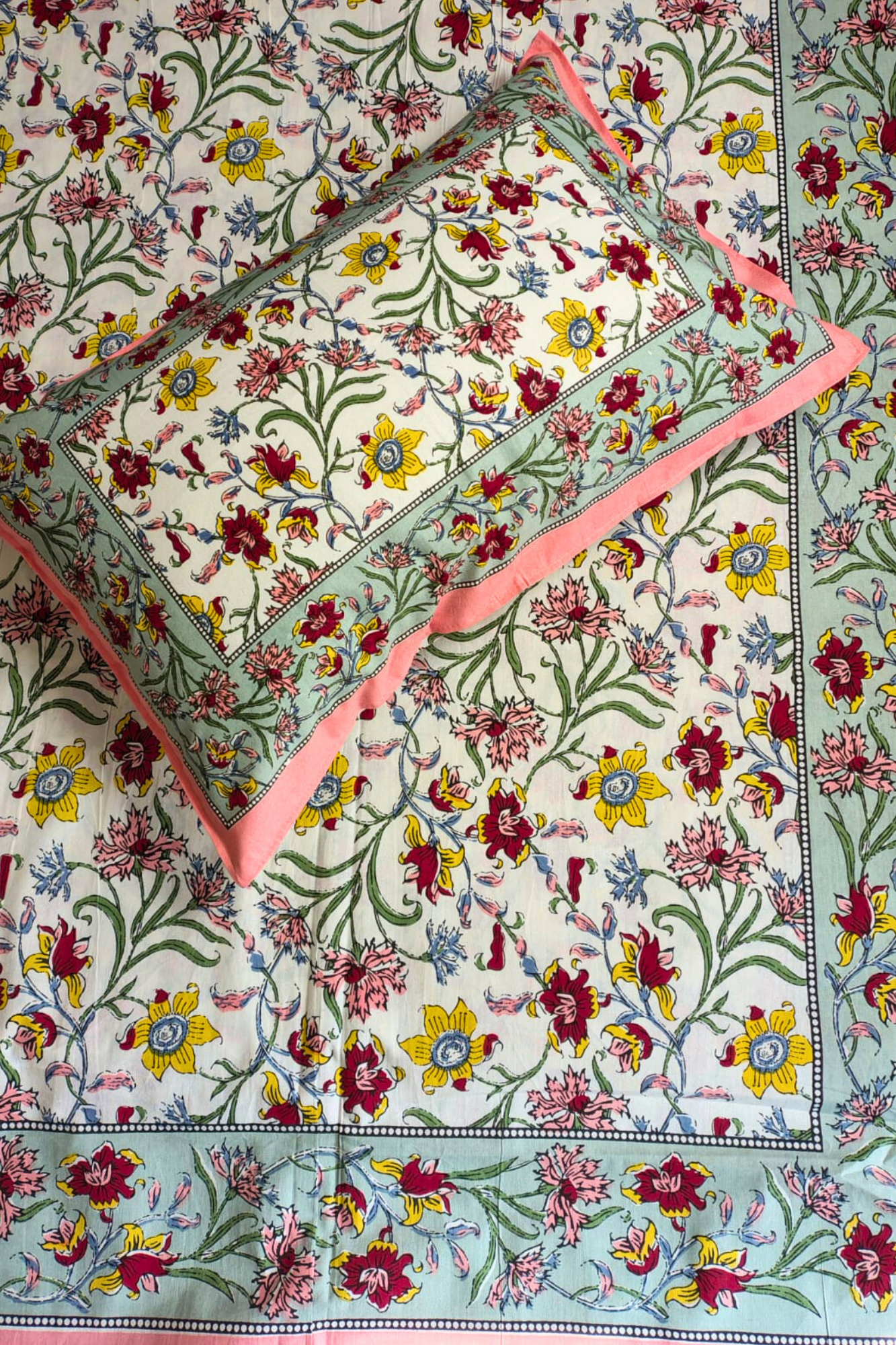 Colorful Floral Traditional Printed Bedsheet with Two Reversible Pillow Covers