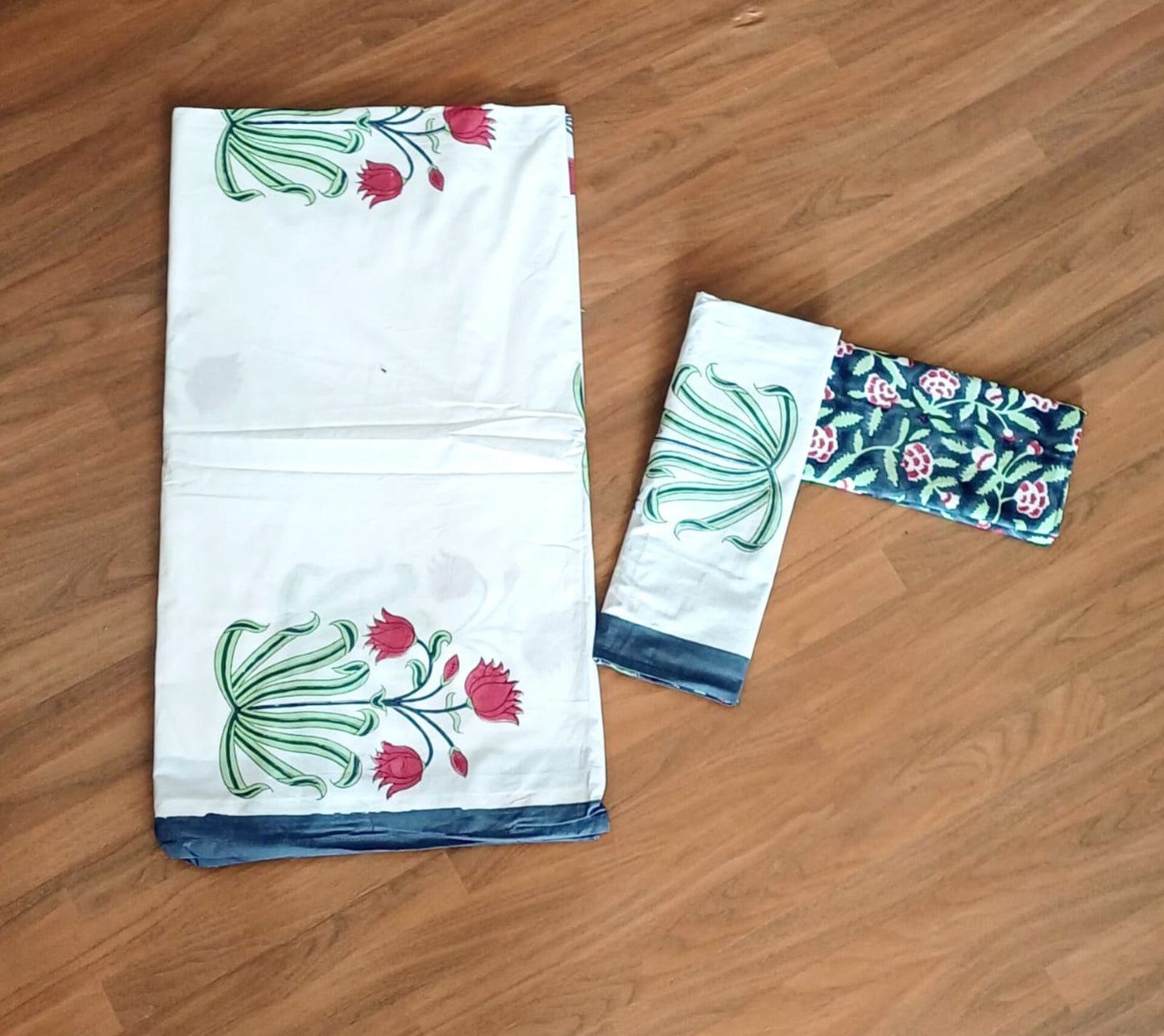Begum Lotus Bunch Block Printed Bedsheet with Two Reversible Pillow Covers