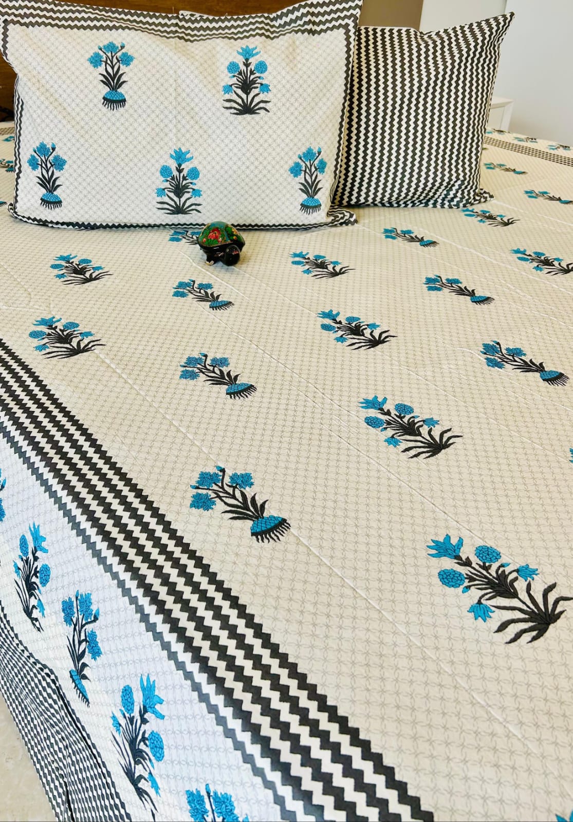 Blue Bunch Traditional Printed Bedsheet with Two Reversible Pillow Covers