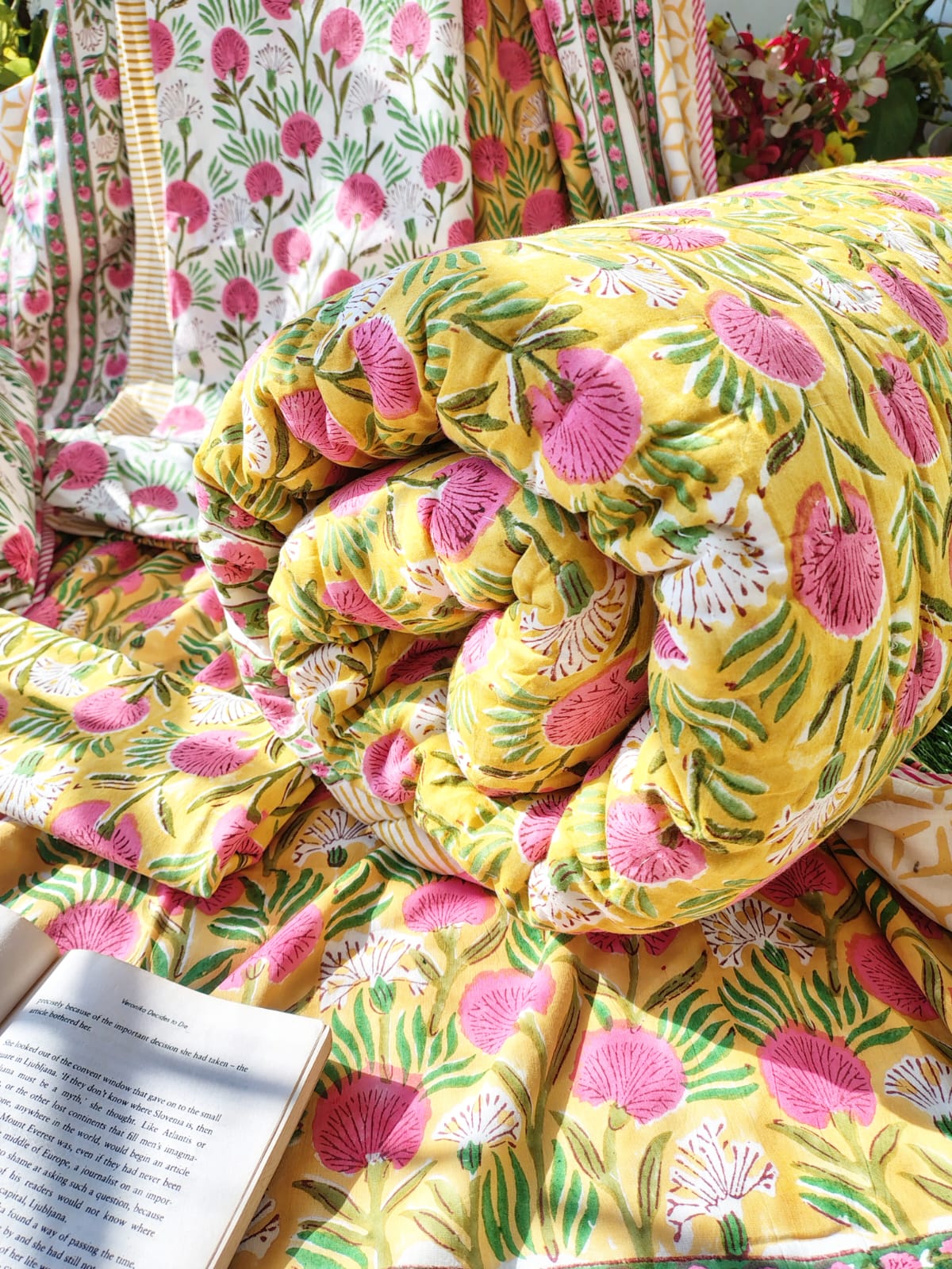 Pink Blossom Block Print Bedsheet & Quilt Set