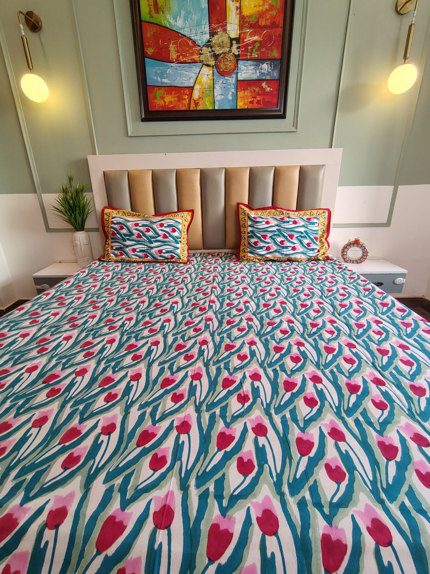 Red Tulip Block Printed Bedsheet with Two Reversible Pillow Covers
