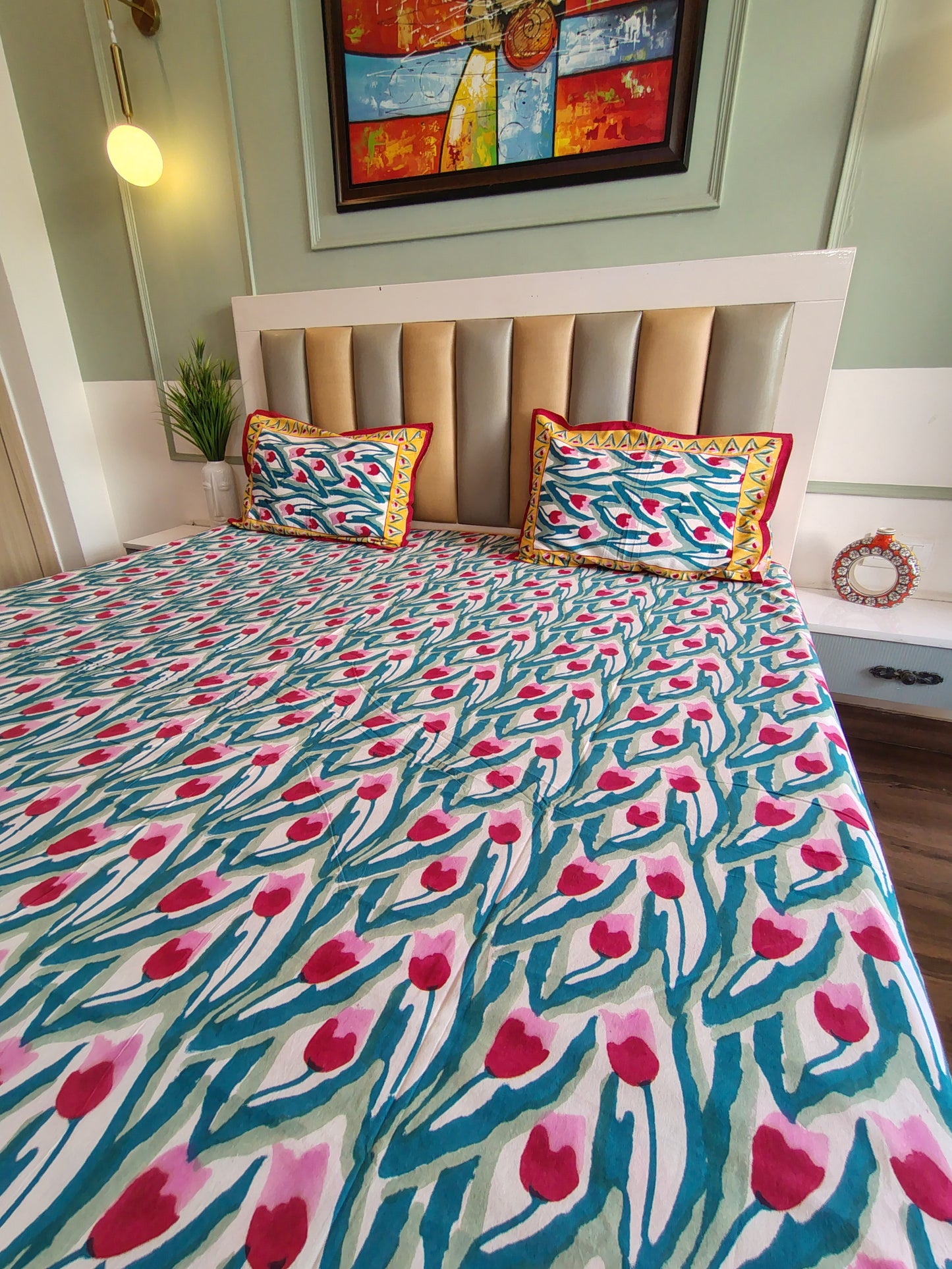 Red Tulip Block Printed Bedsheet with Two Reversible Pillow Covers