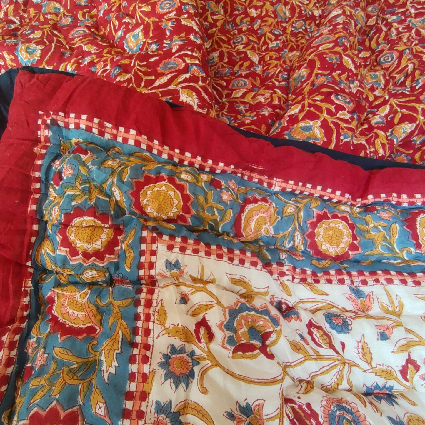 Begum Red Floral Hand Block Reversible Double Bed Quilt