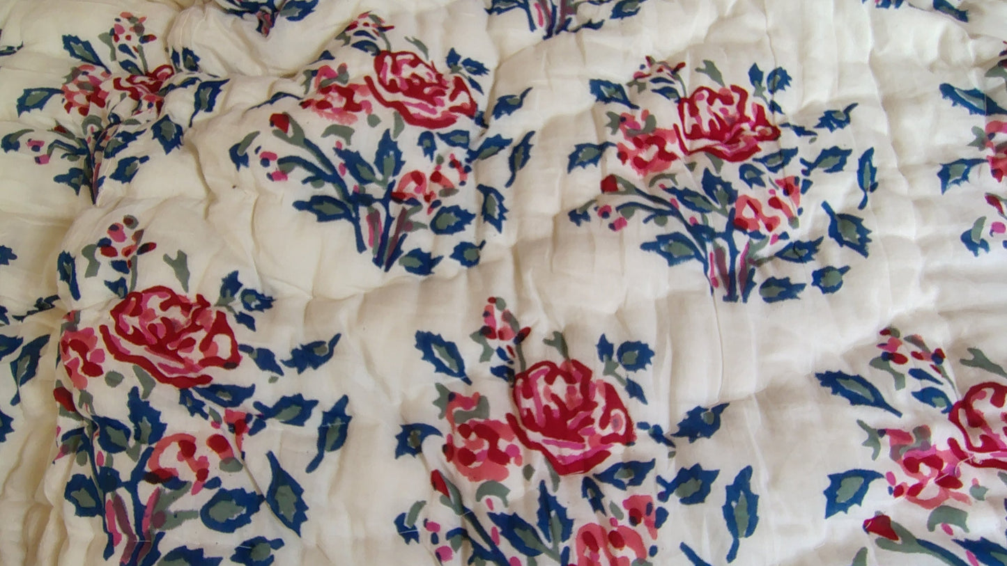 Red Roses Hand Block Reversible Double Bed Quilt