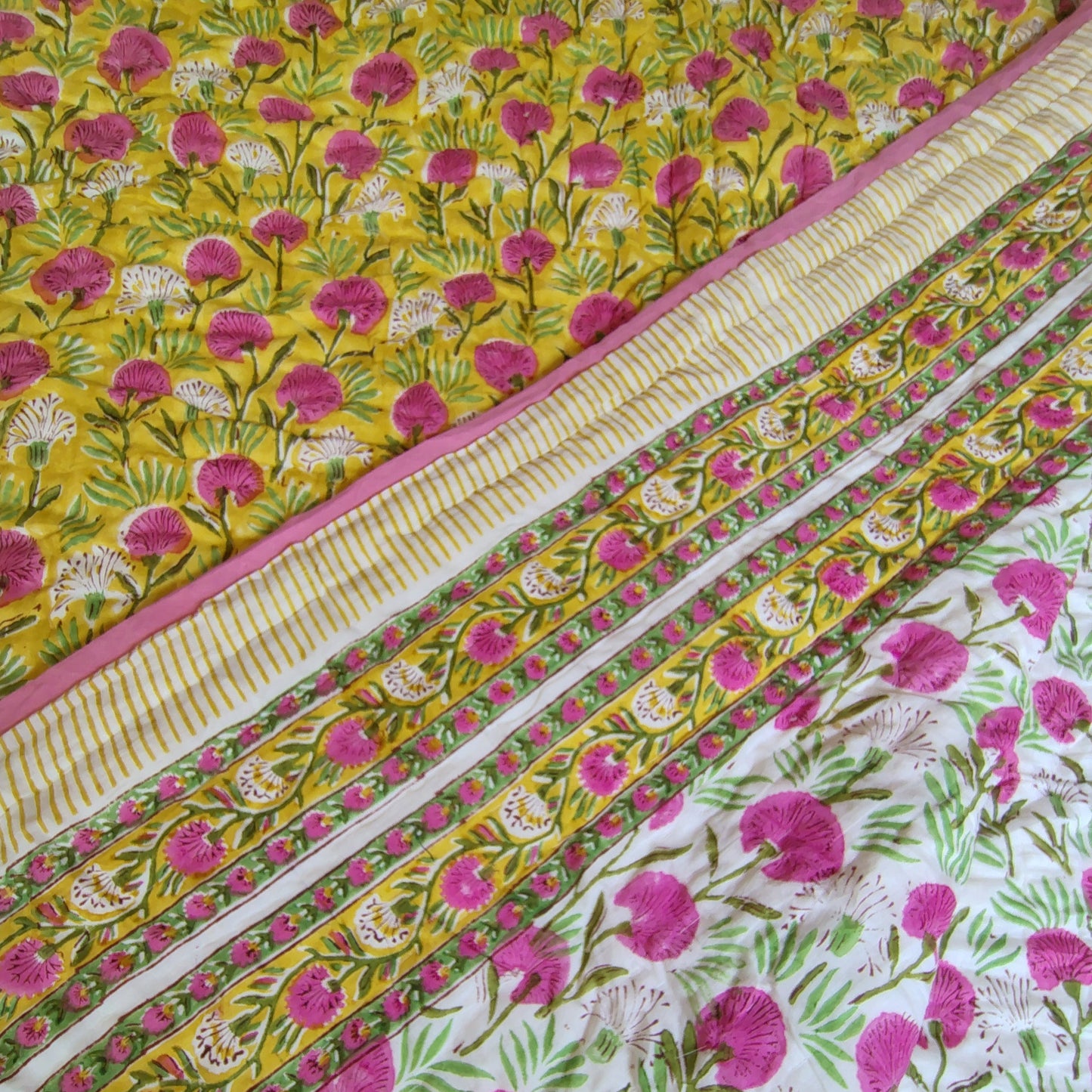 Pink Blossom Hand Block Reversible Double Bed Quilt