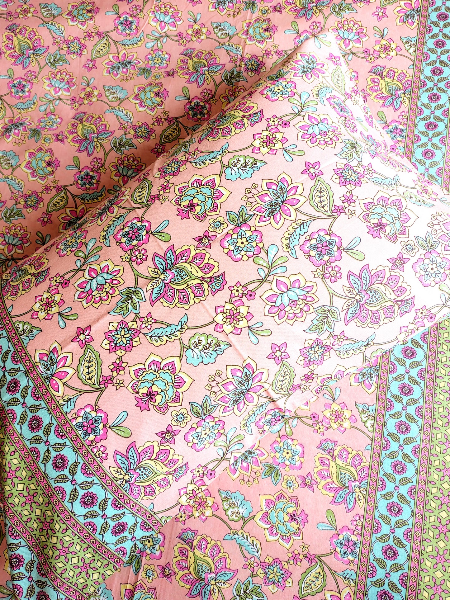 Pink Floral Jaal Traditional Printed Bedsheet with Two Reversible Pillow Covers