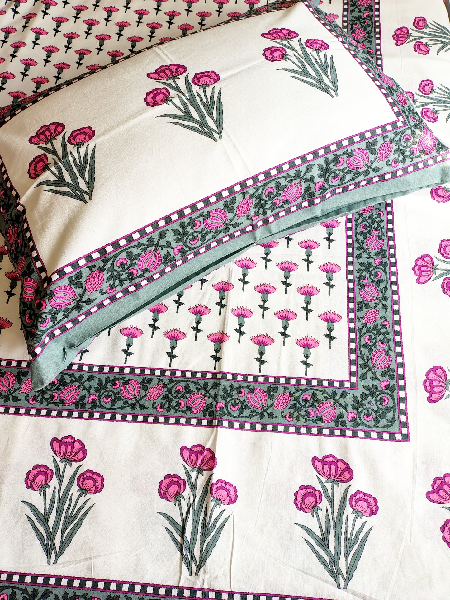 Pink Berry Traditional Printed Bedsheet with Two Reversible Pillow Covers