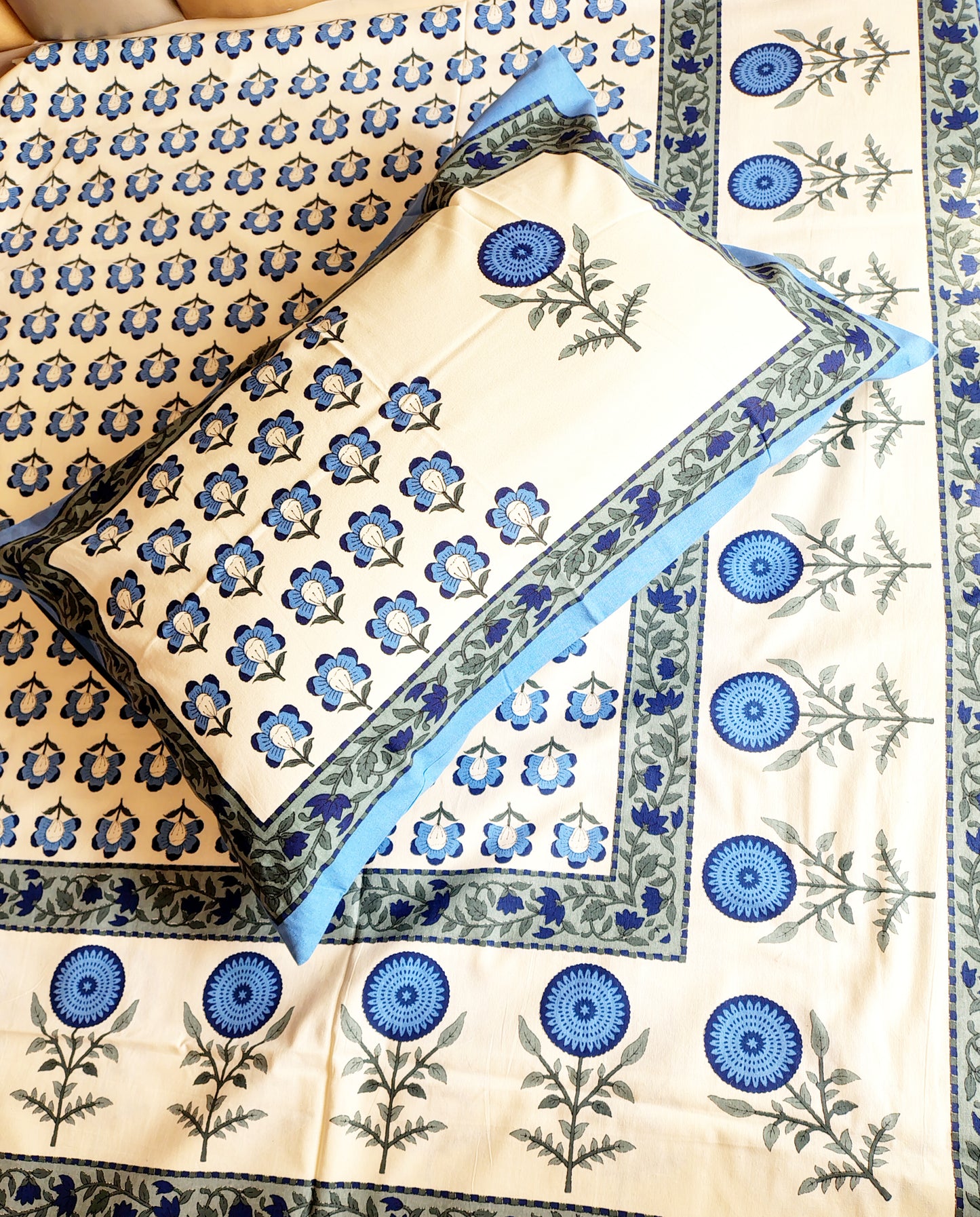 Blue Gold Traditional Printed Bedsheet with Two Reversible Pillow Covers