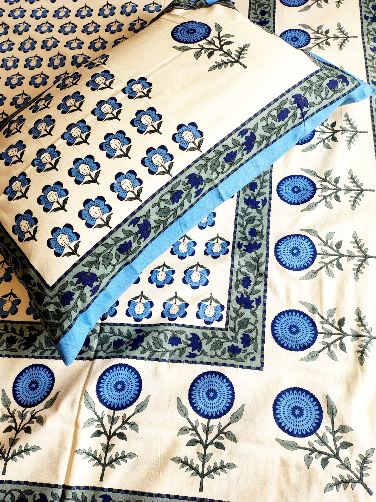 Blue Gold Traditional Printed Bedsheet with Two Reversible Pillow Covers