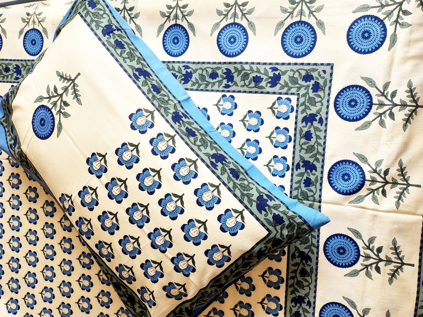 Blue Gold Traditional Printed Bedsheet with Two Reversible Pillow Covers