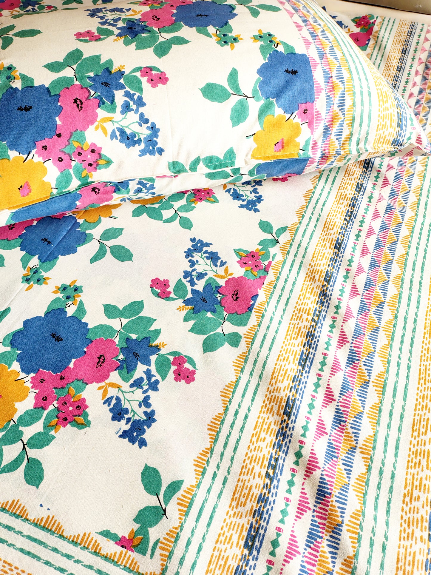 Blue Yellow Floral Traditional Printed Bedsheet with Two Reversible Pillow Covers