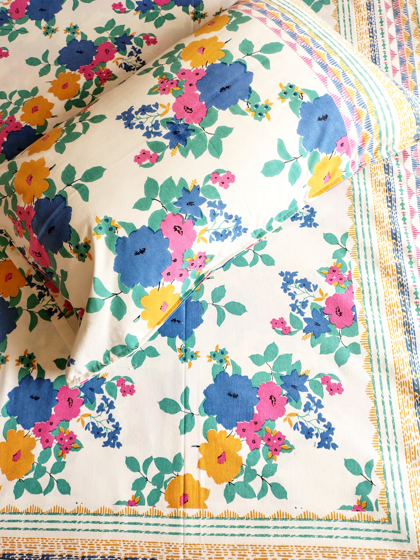 Blue Yellow Floral Traditional Printed Bedsheet with Two Reversible Pillow Covers