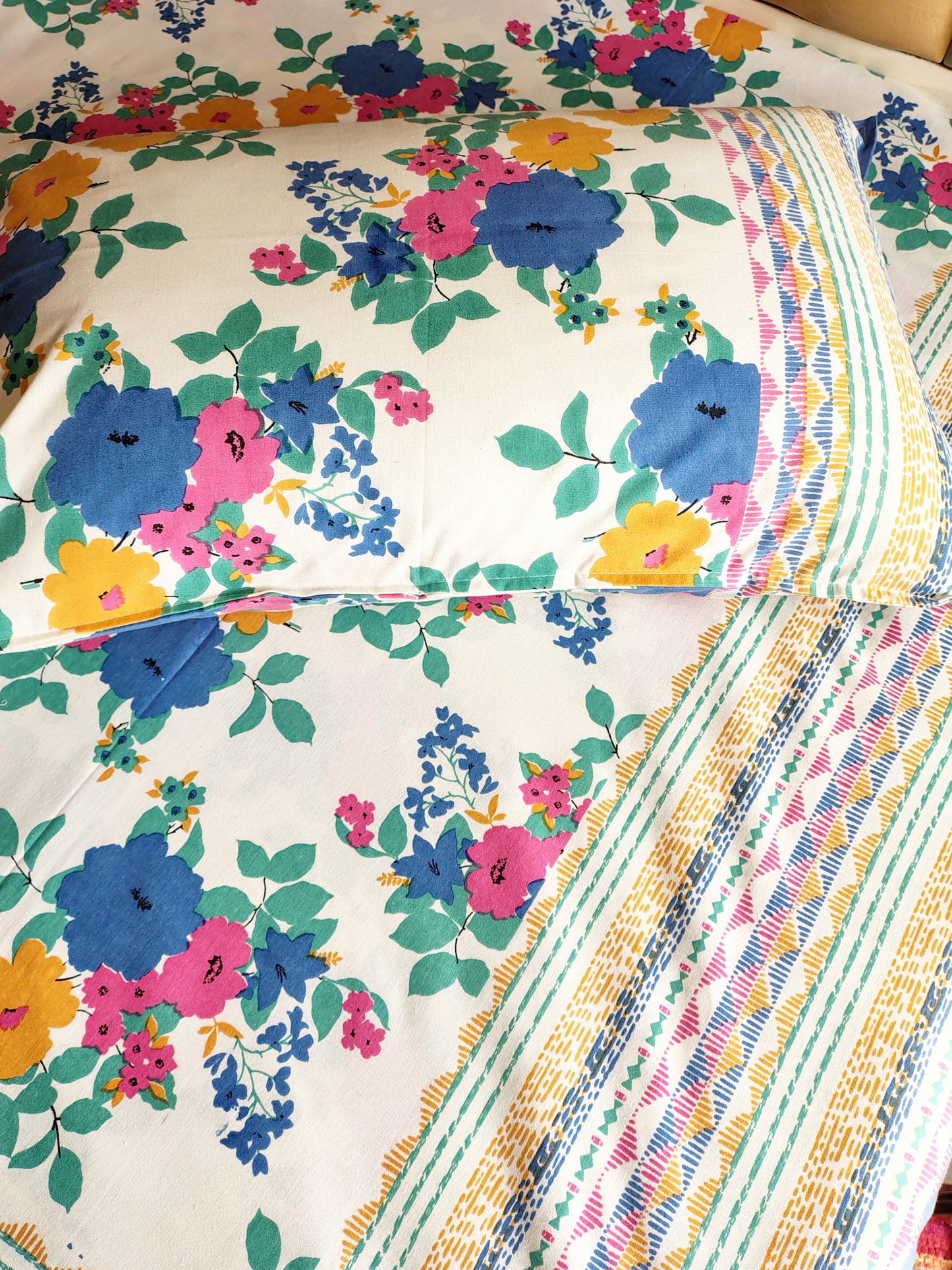 Blue Yellow Floral Traditional Printed Bedsheet with Two Reversible Pillow Covers