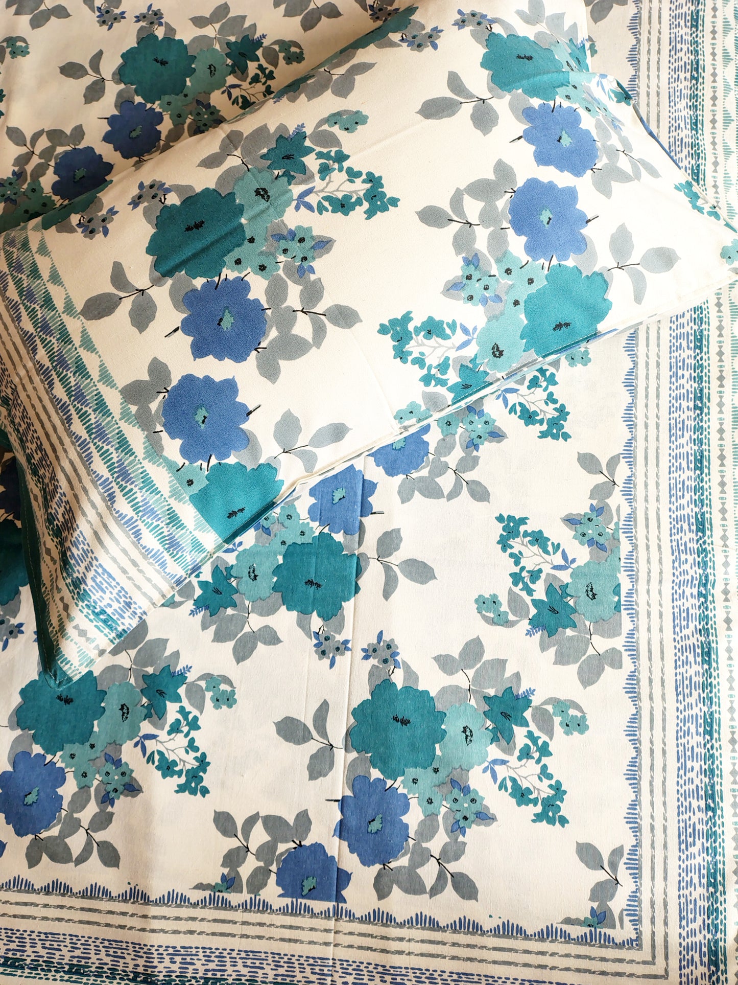 Sea Blue Floral Traditional Printed Bedsheet with Two Reversible Pillow Covers