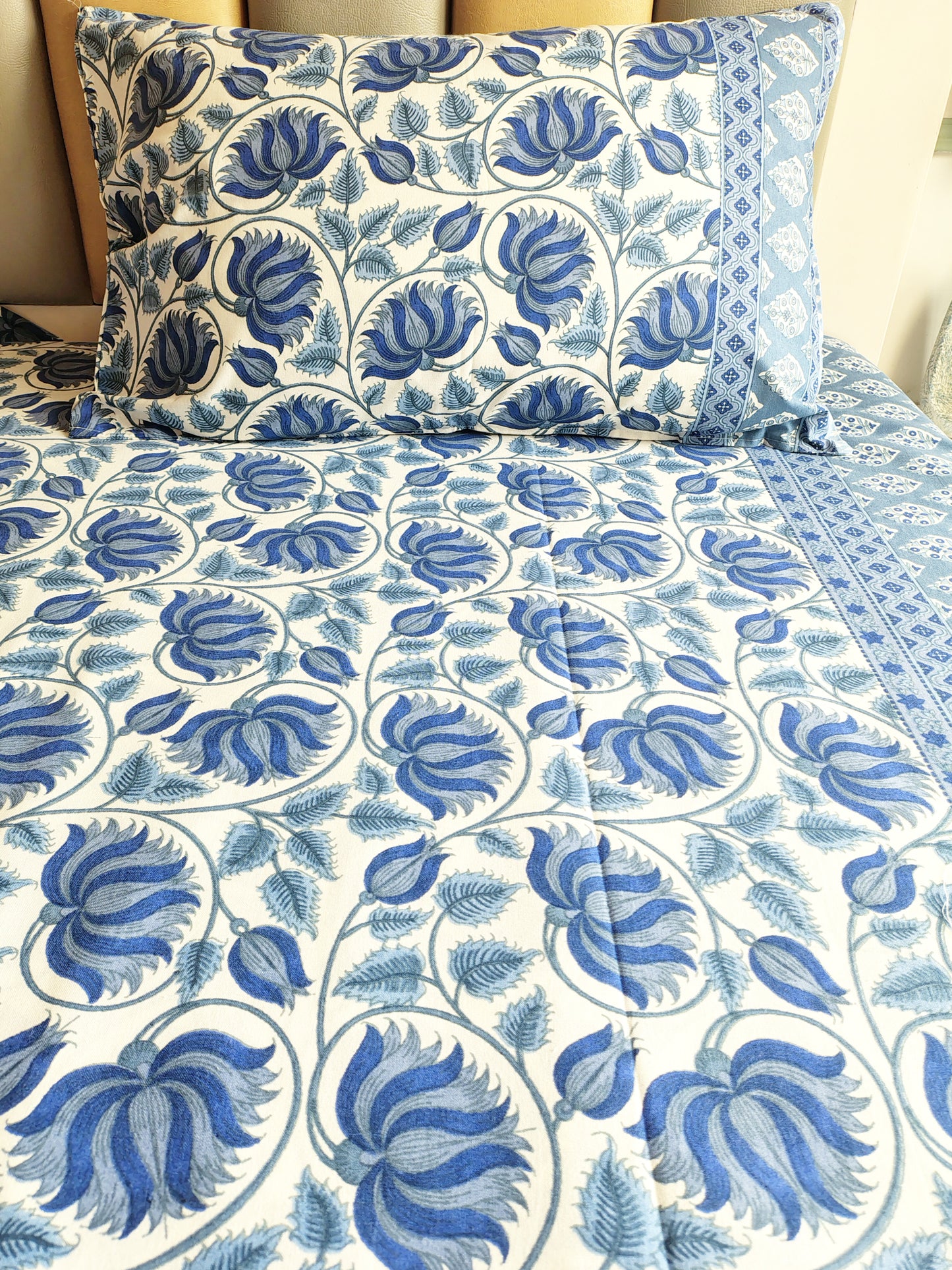 Blue Kamal Traditional Printed Bedsheet with Two Reversible Pillow Covers