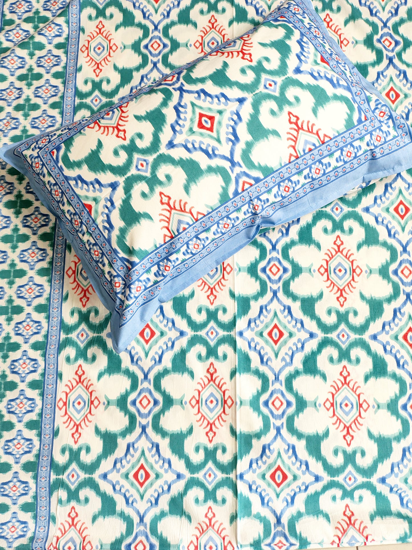 Blue Roshan Traditional Printed Bedsheet with Two Reversible Pillow Covers