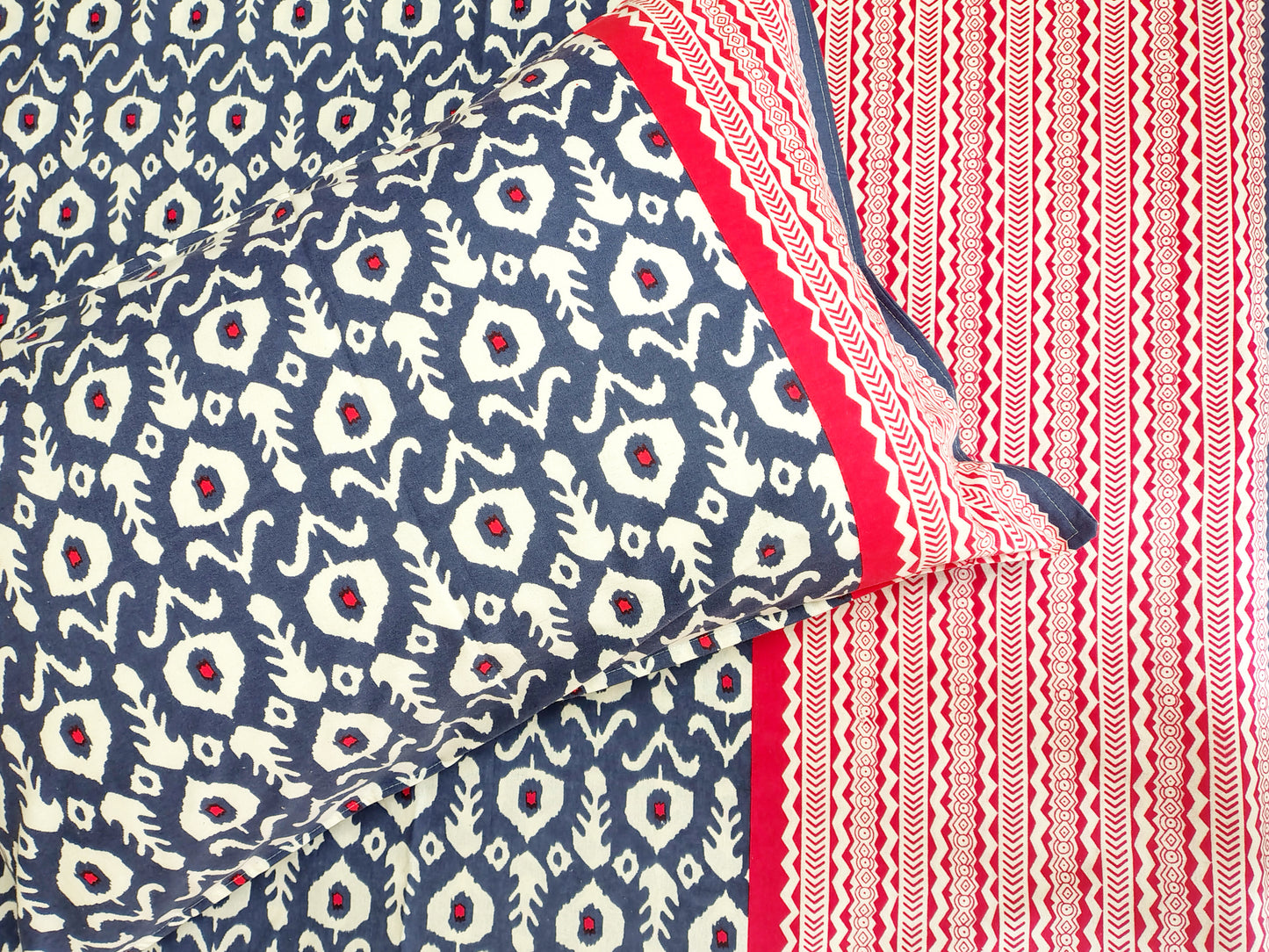 Blue Ikkat Traditional Printed Bedsheet with Two Reversible Pillow Covers