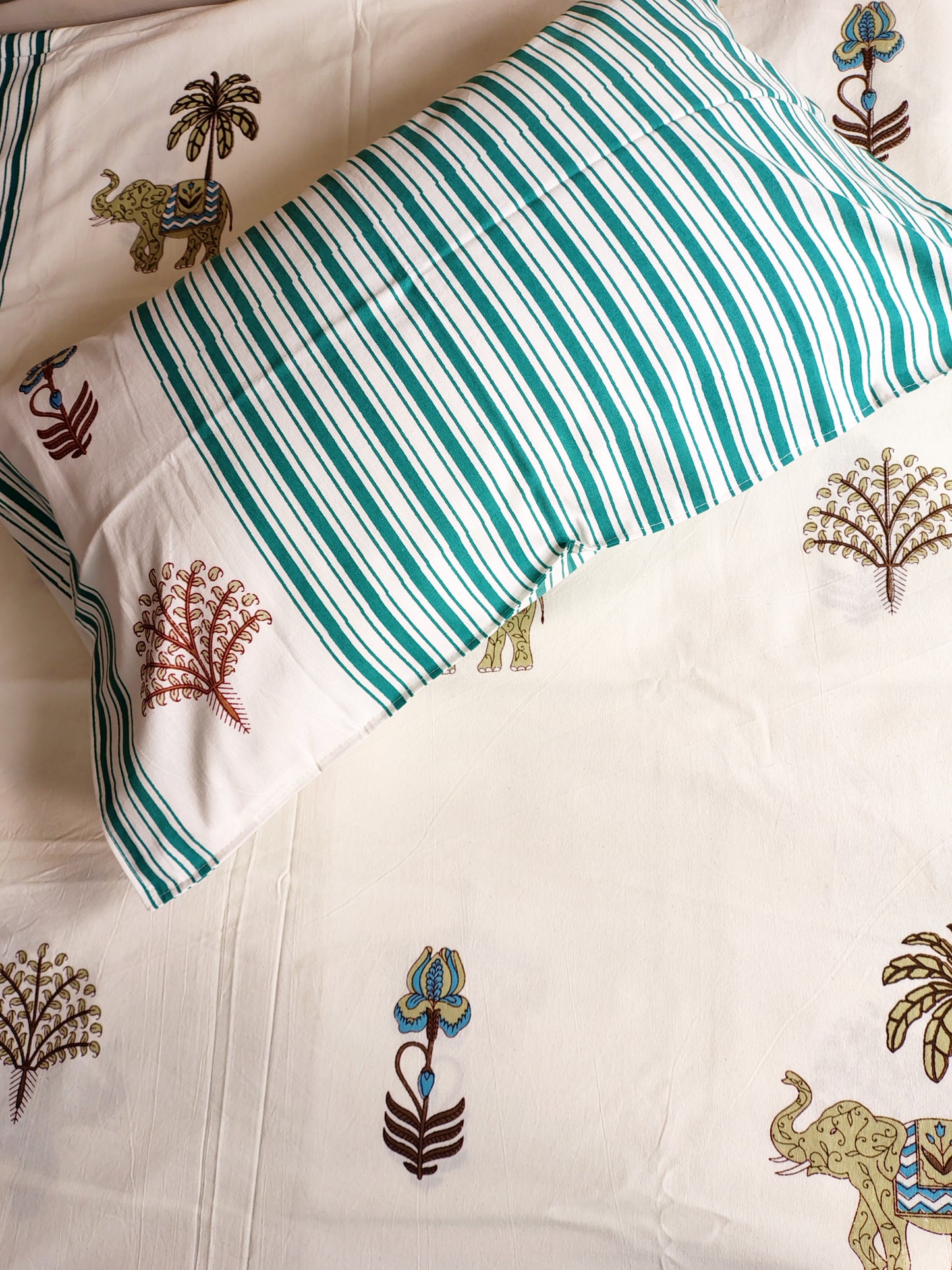 Brown Elephant Floral Traditional Printed Bedsheet with Two Reversible Pillow Covers