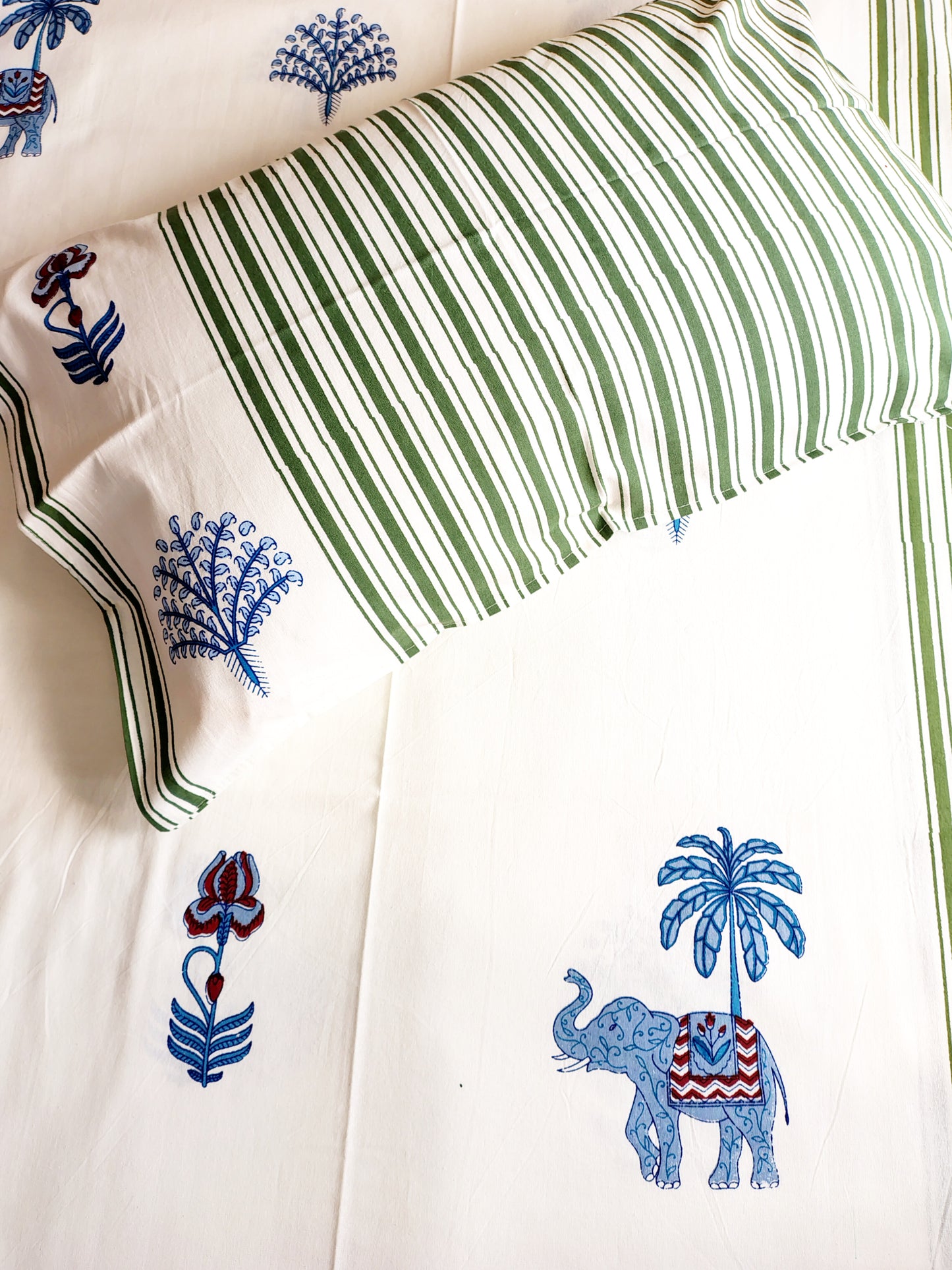 Blue Elephant Traditional Printed Bedsheet with Two Reversible Pillow Covers