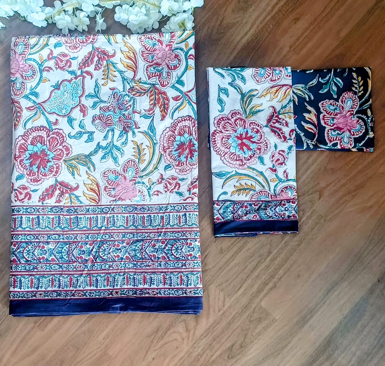 Begum Purple Floral Block Printed Bedsheet with Two Reversible Pillow Covers