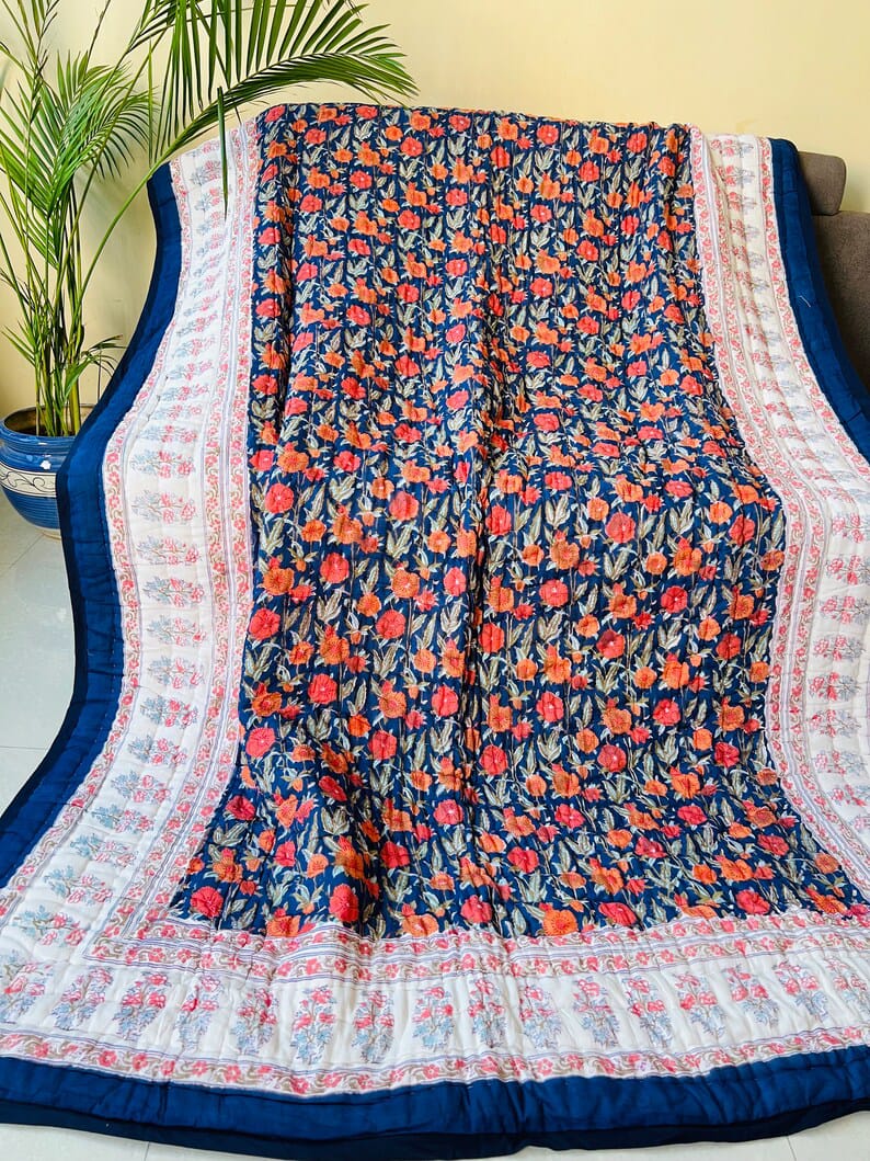 Orange Marie Hand Block Reversible Double Bed Quilt