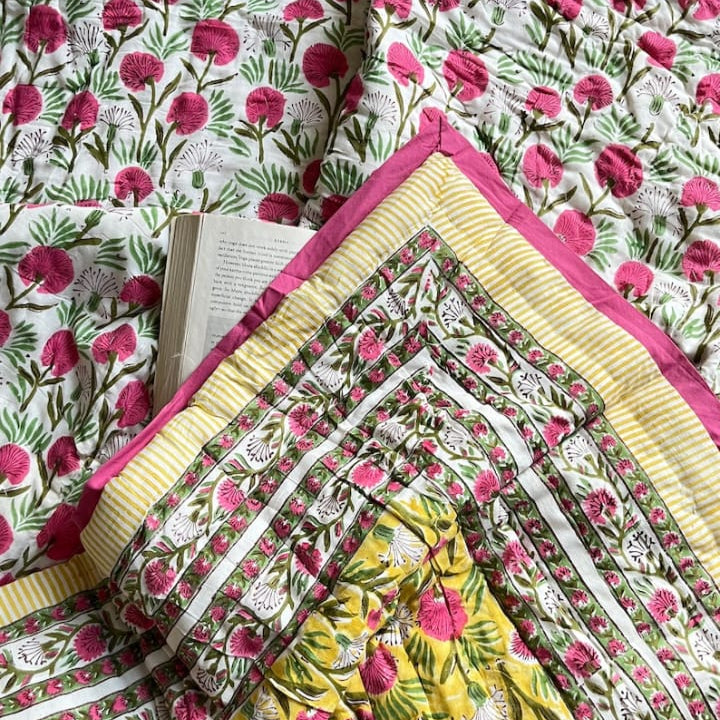 Pink Blossom Hand Block Reversible Double Bed Quilt