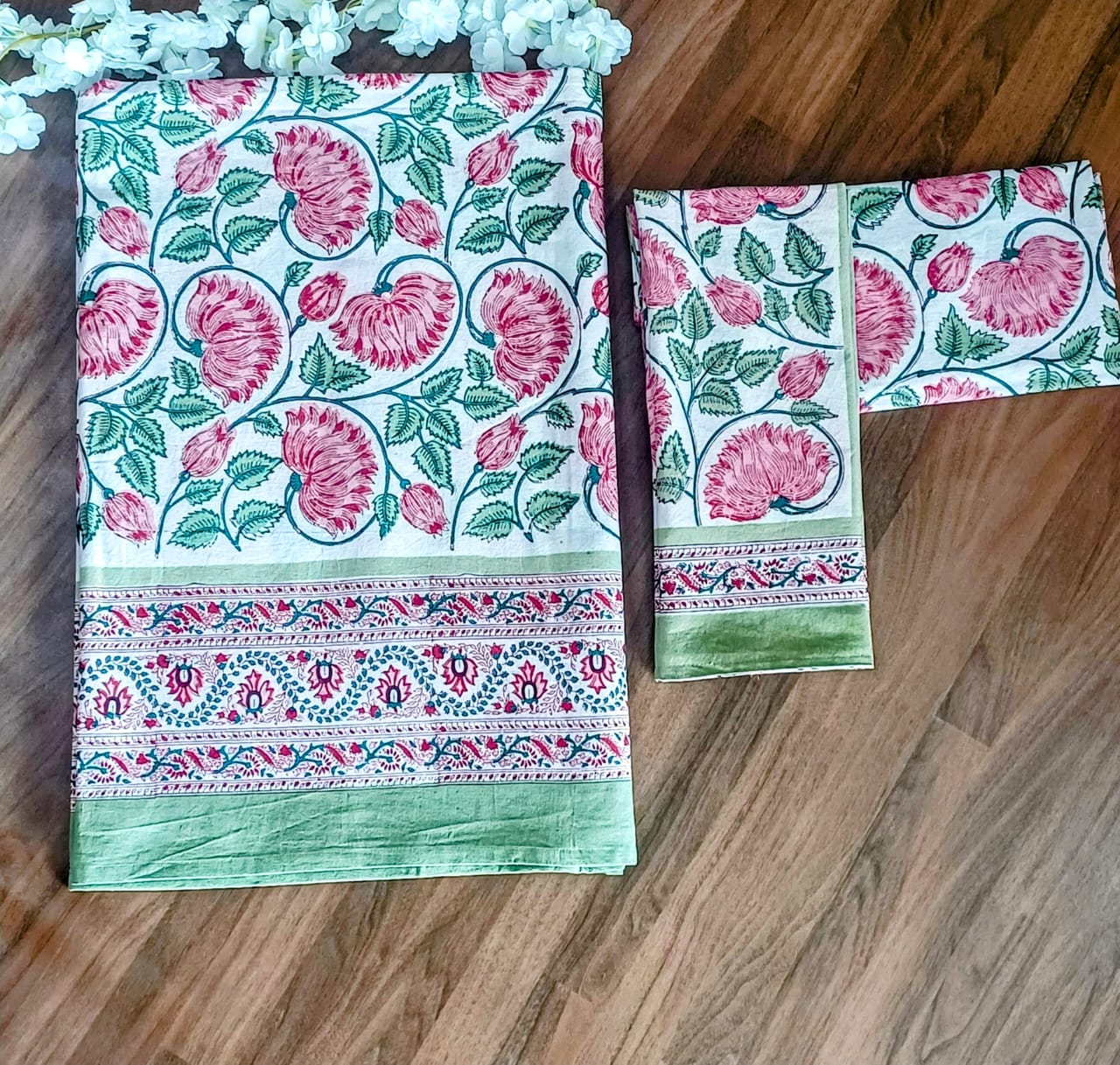 Lal Kamal Block Printed Bedsheet with Two Reversible Pillow Covers