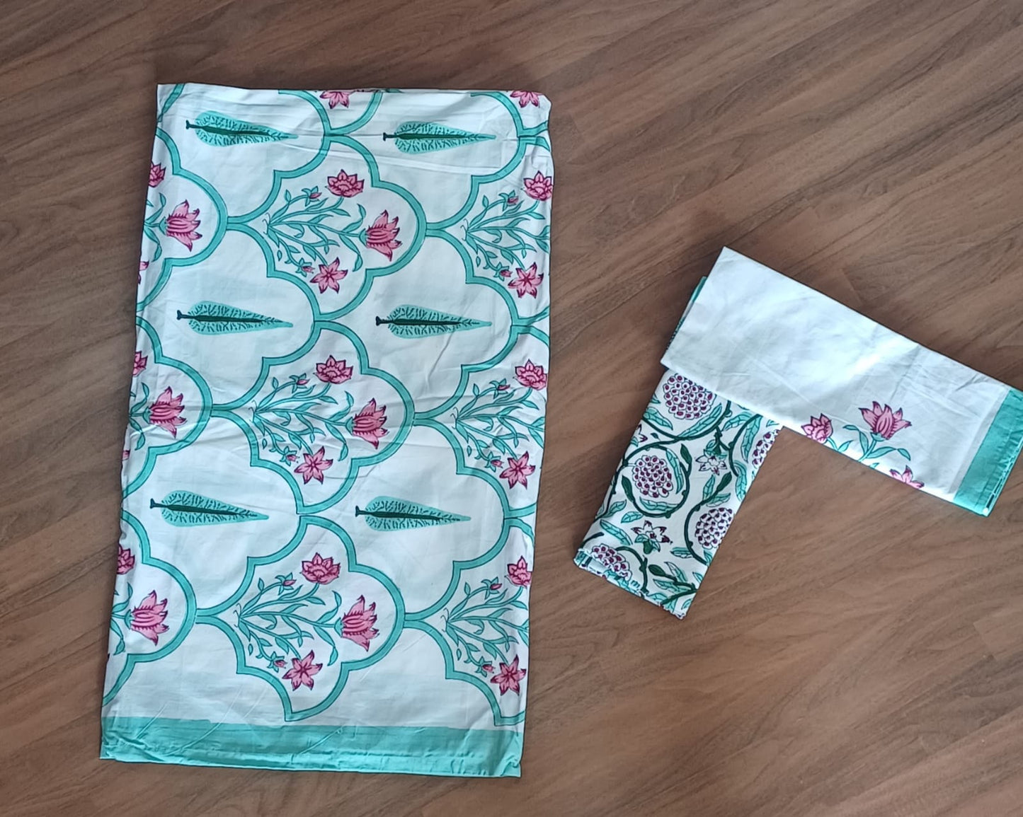 Pine Tree Block Printed Bedsheet with Two Reversible Pillow Covers