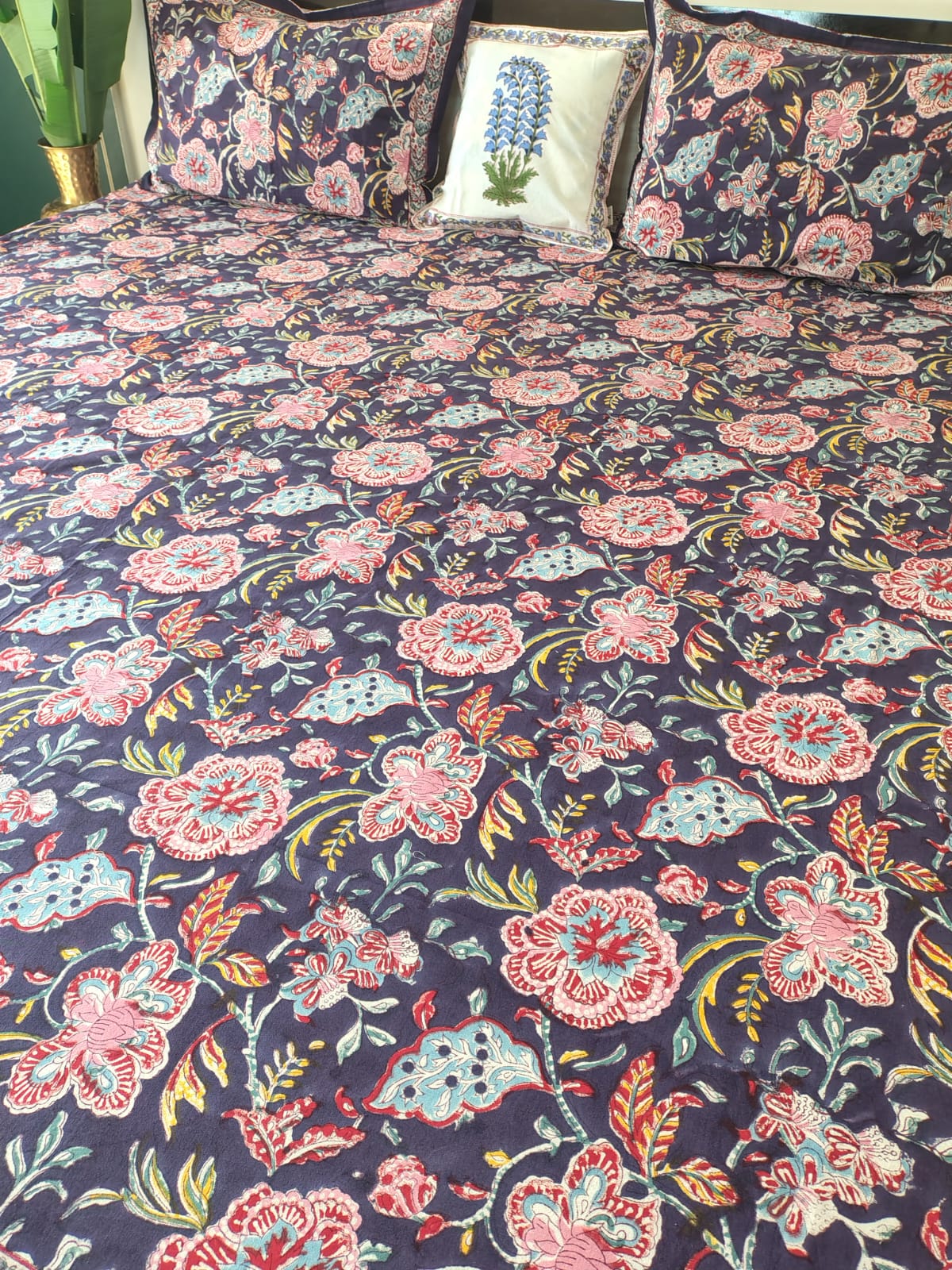 Purple Floral Block Printed Bedsheet with Two Reversible Pillow Covers