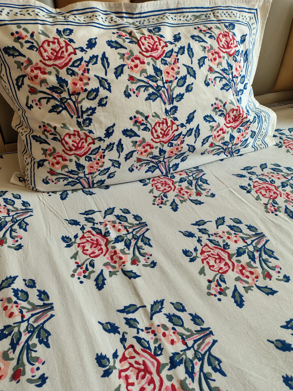 Red Roses Block Printed Bedsheet with Two Reversible Pillow Covers