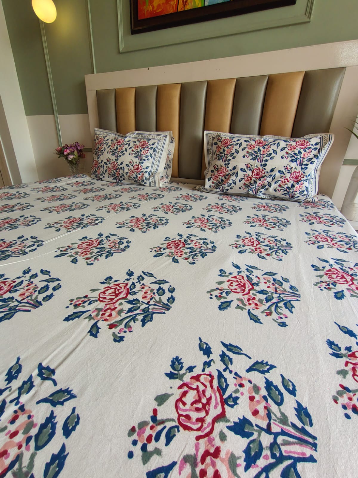 Red Roses Block Printed Bedsheet with Two Reversible Pillow Covers