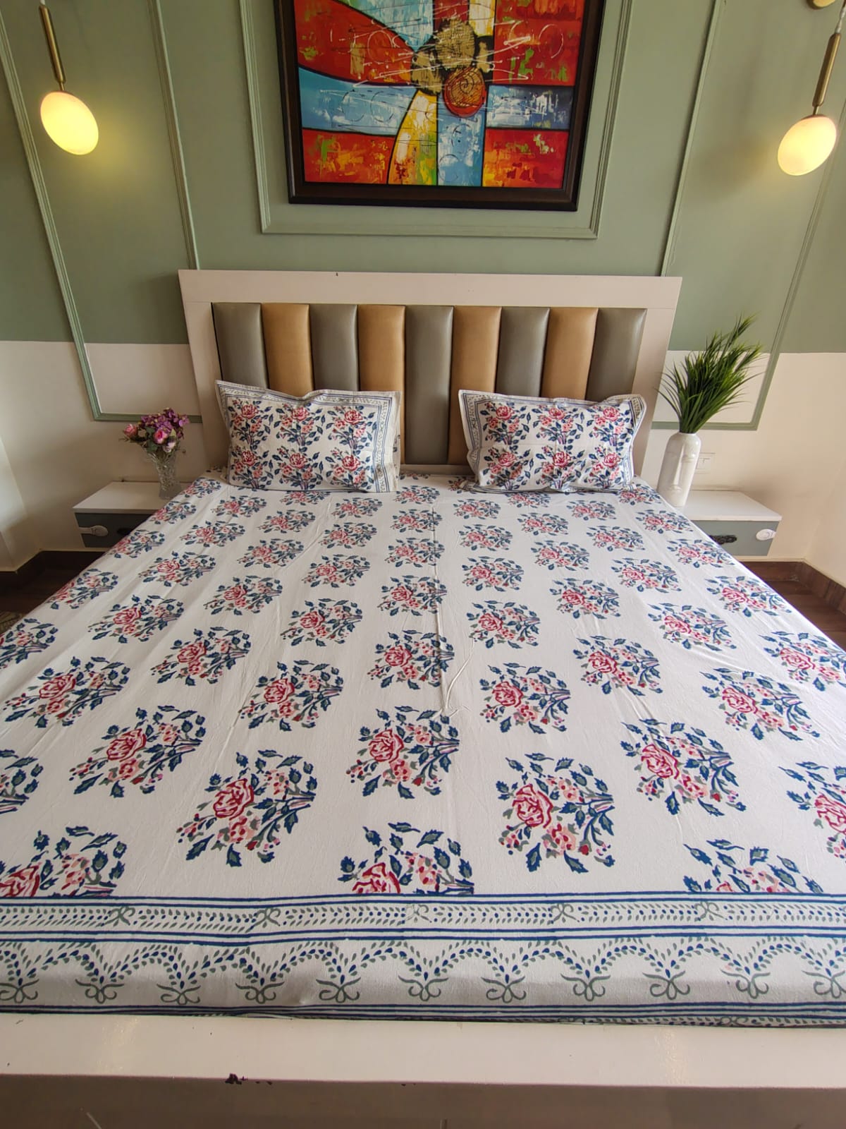 Red Roses Block Printed Bedsheet with Two Reversible Pillow Covers