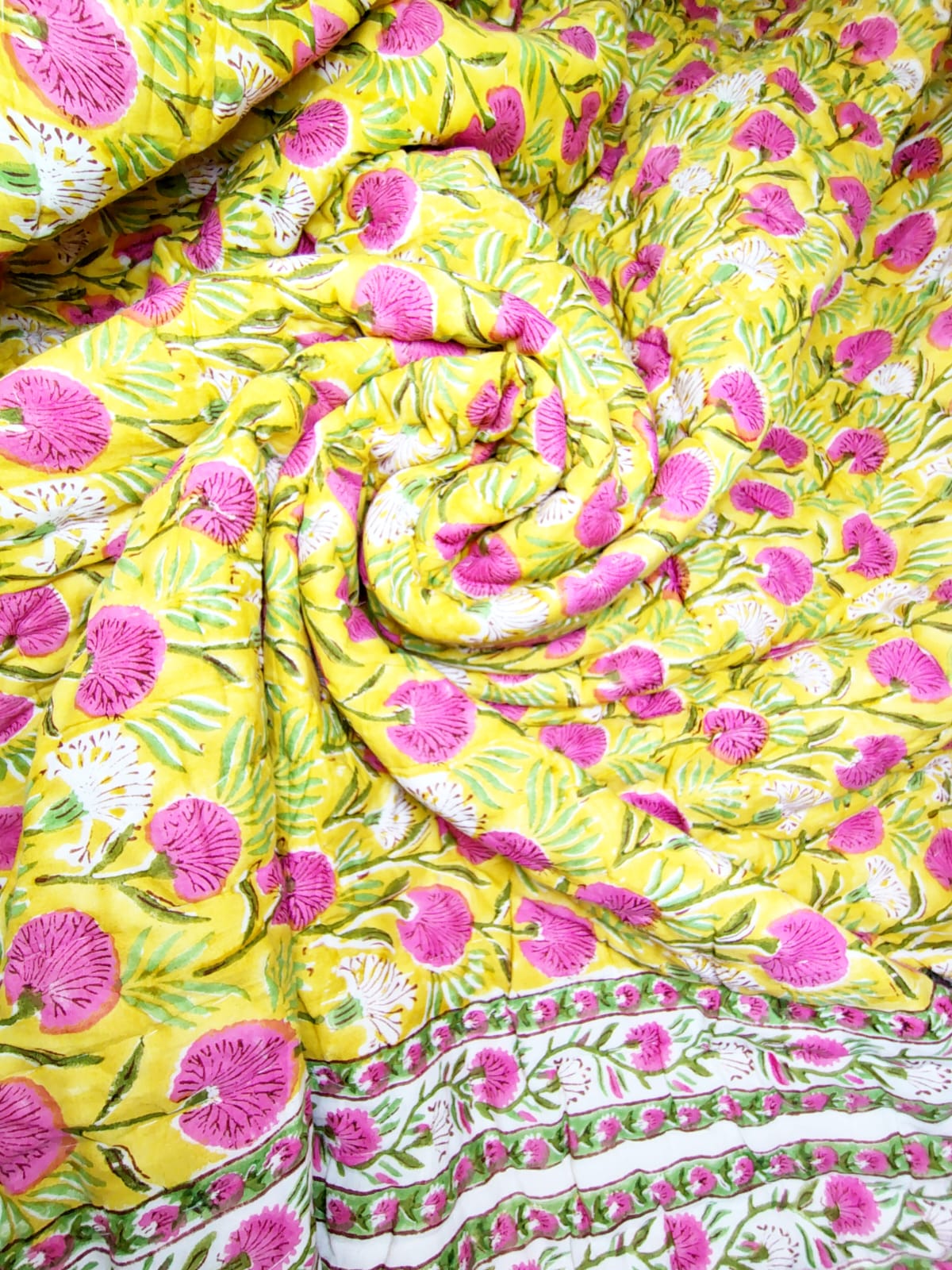 Pink Blossom Hand Block Reversible Double Bed Quilt