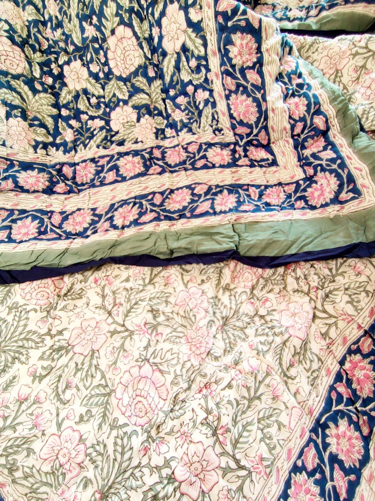 Pinky Pom Hand Block Reversible Double Bed Quilt