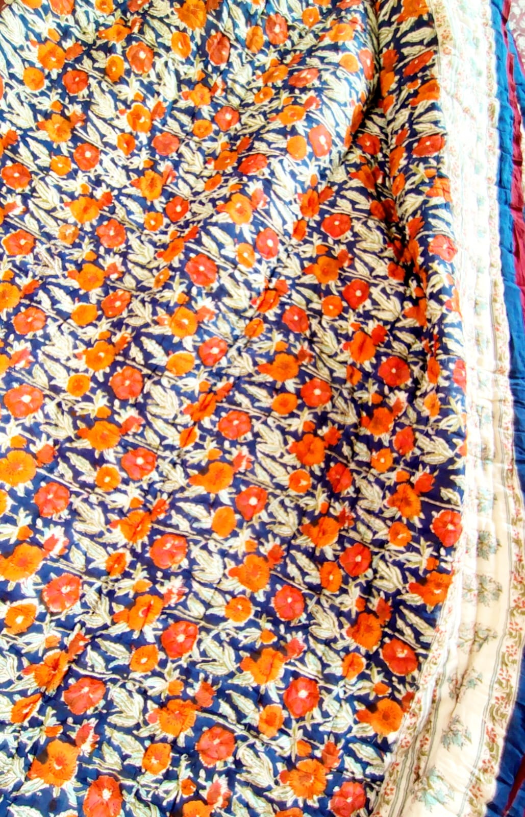 Orange Marie Hand Block Reversible Double Bed Quilt