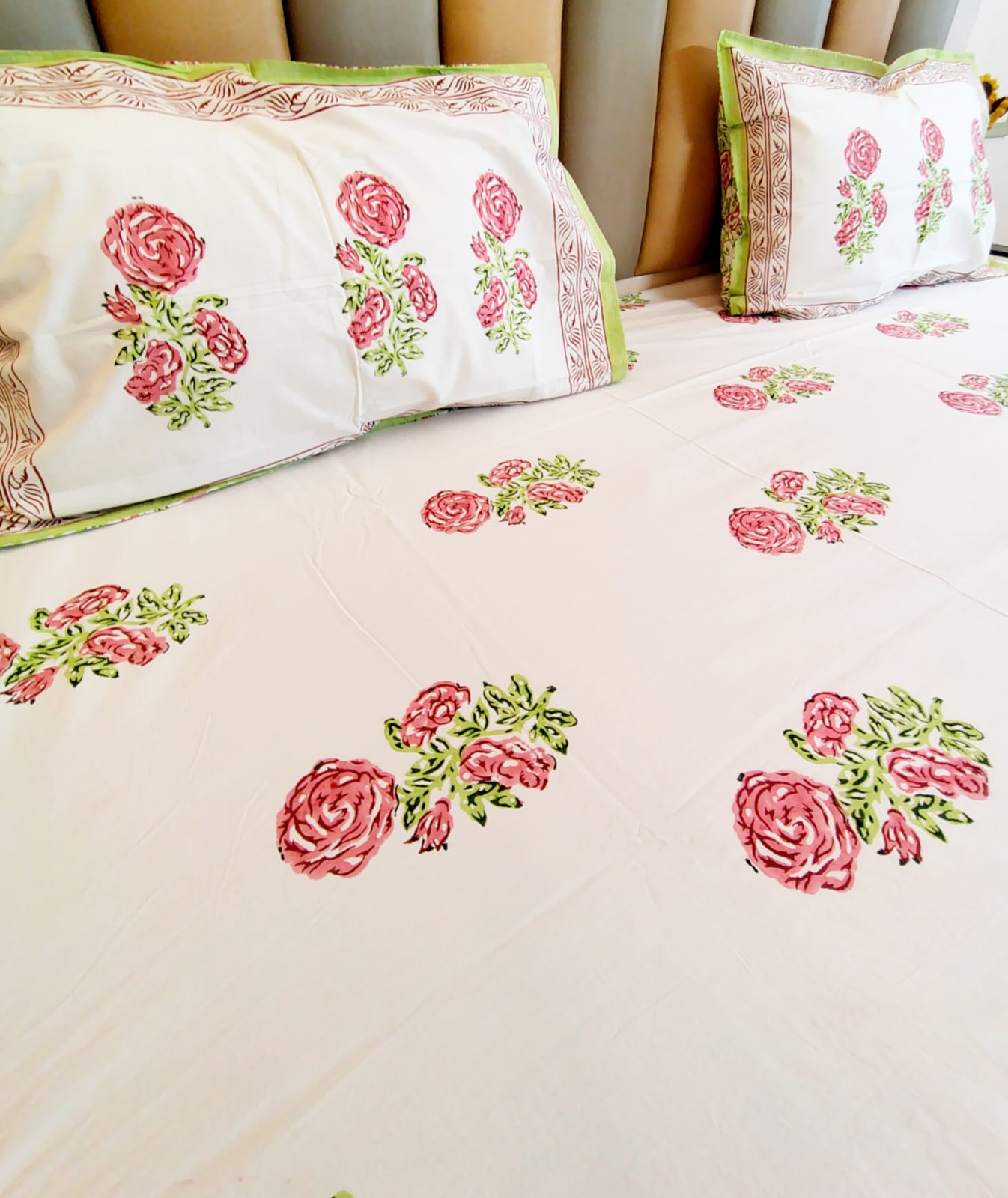 Begum Rose Bunch Block Printed Bedsheet with Two Reversible Pillow Covers