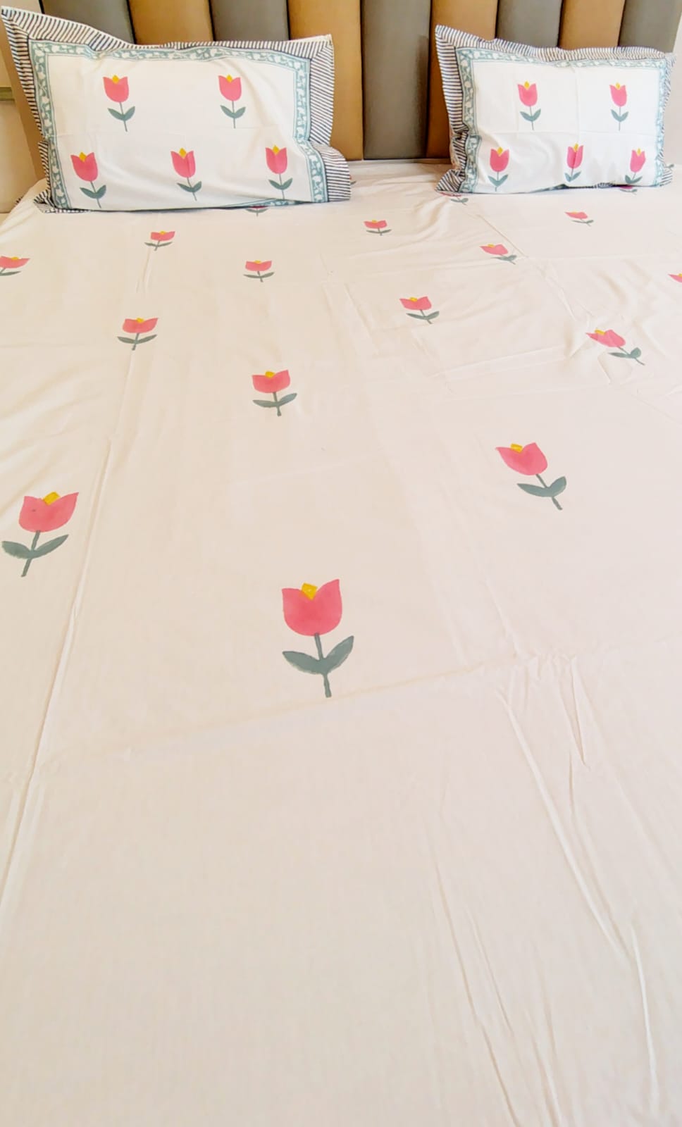 Begum Pink Tulip Block Printed Bedsheet with Two Reversible Pillow Covers