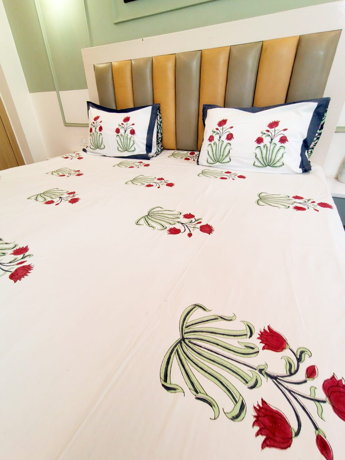 Begum Lotus Bunch Block Printed Bedsheet with Two Reversible Pillow Covers