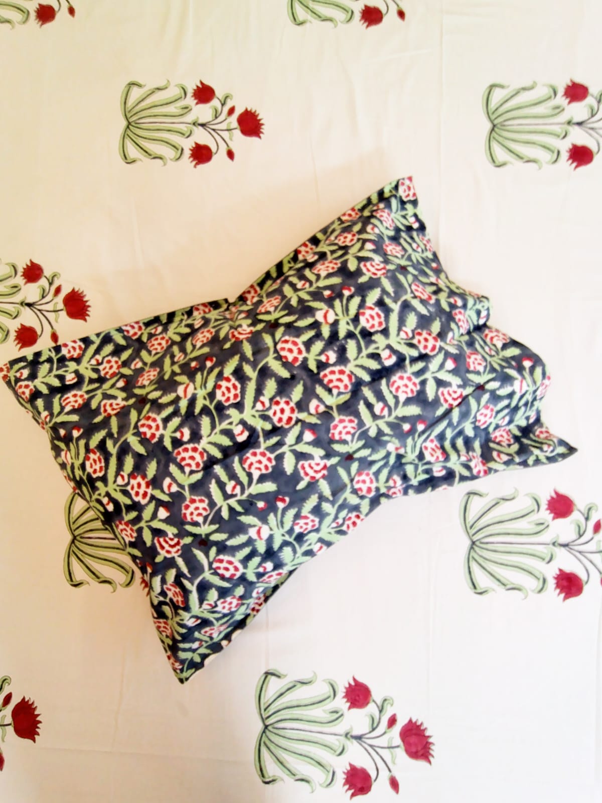 Begum Lotus Bunch Block Printed Bedsheet with Two Reversible Pillow Covers