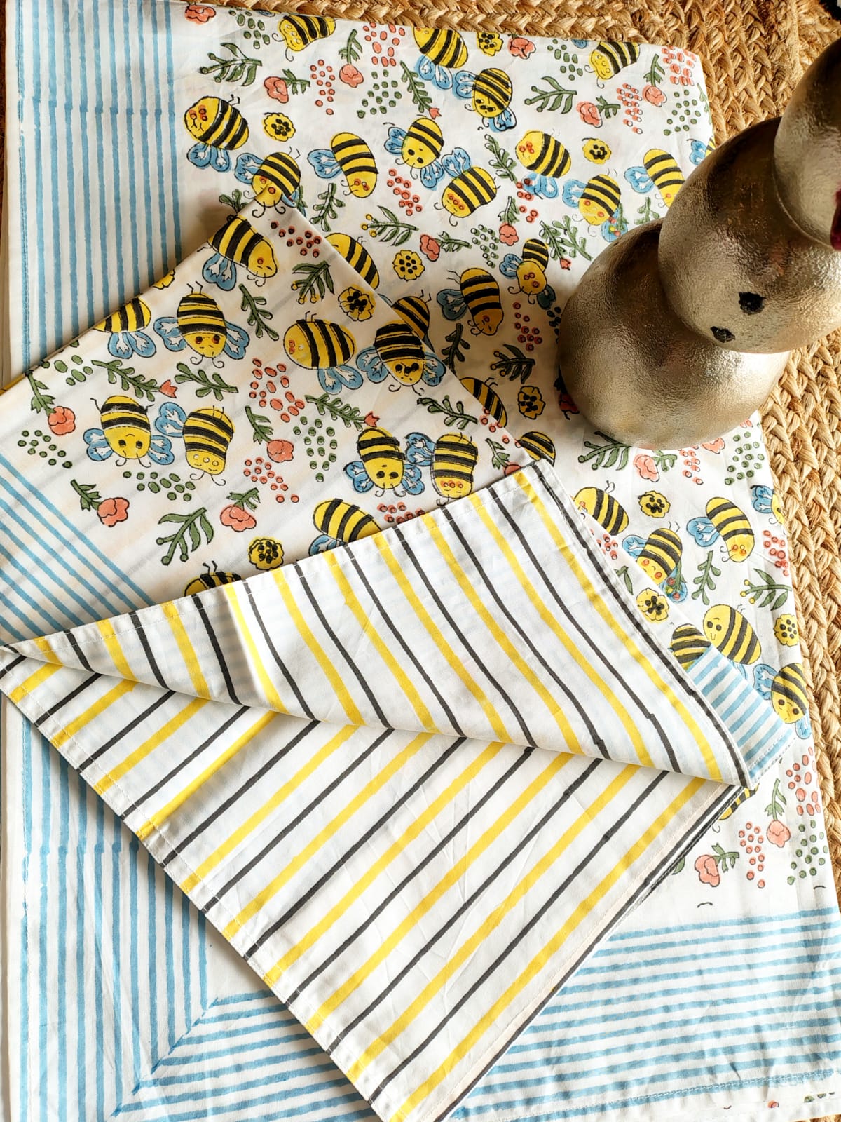 Bees Print Kids Hand Block Bedsheet