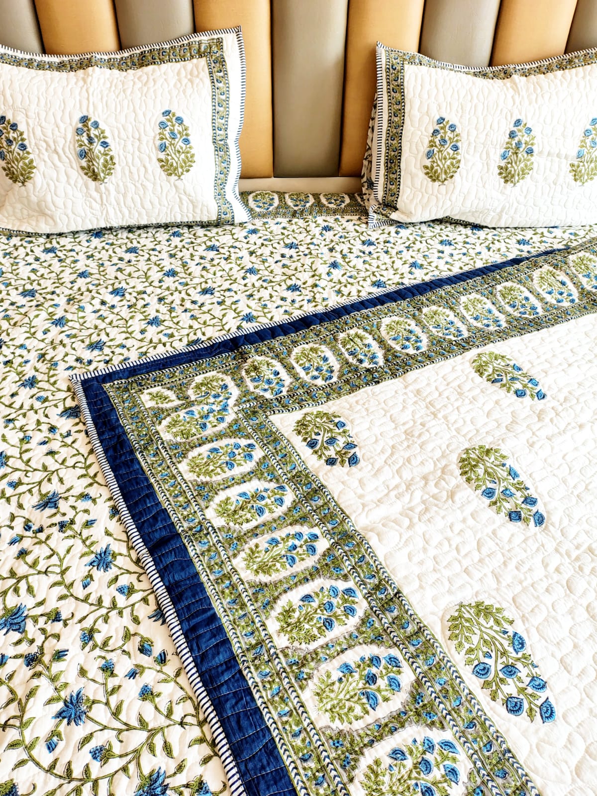 Blue Floral Jaal Quilted Bedcover Set