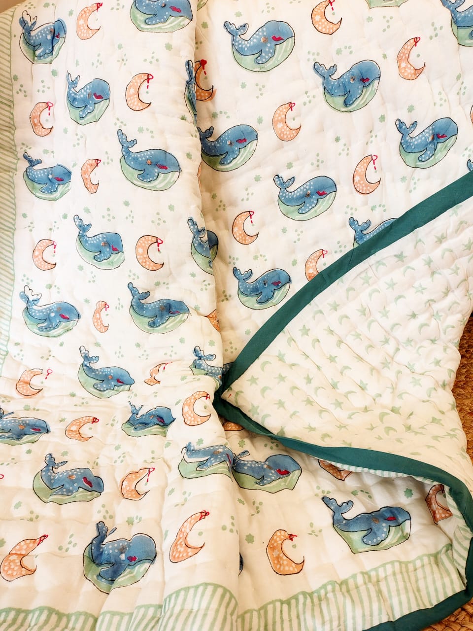 Whale Print Kids Hand Block Reversible Quilt