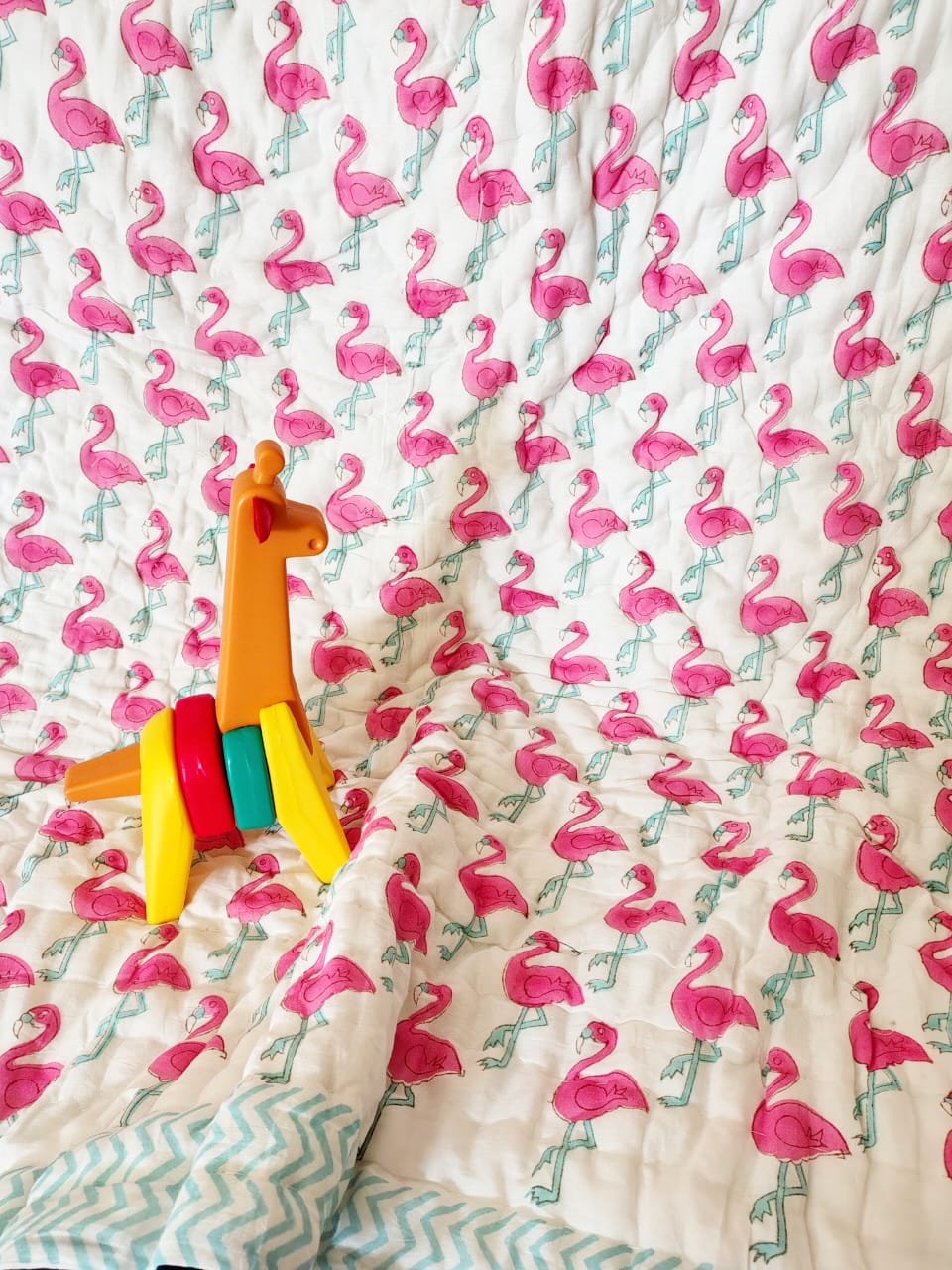 Flamingo Print Kids Hand Block Reversible Quilt