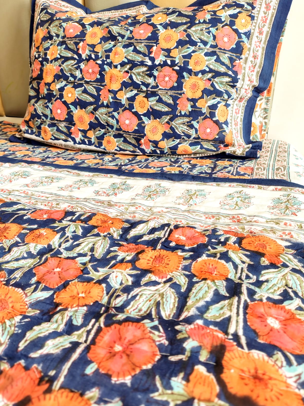Orange Marie Block Print Bedsheet & Quilt Set
